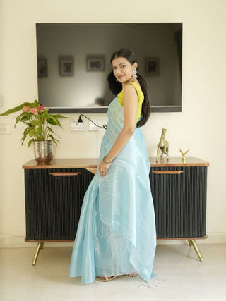 Blue Glass Tissue Silk Saree