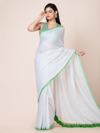 Pure cotton solid saree with contrast border and contrast tassels l Fog Grey Ocau