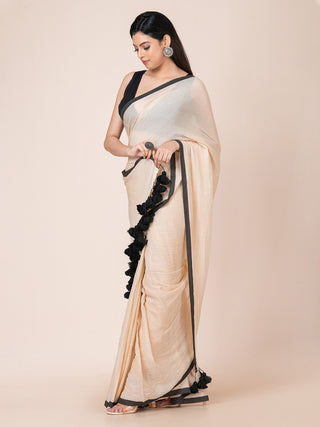 Pure cotton solid saree with contrast border and contrast tassels l Beige Ocau