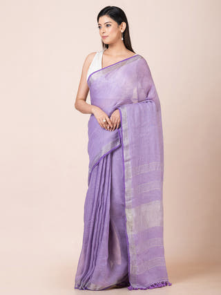 Linen Solid Saree with Zari Purple OCAU