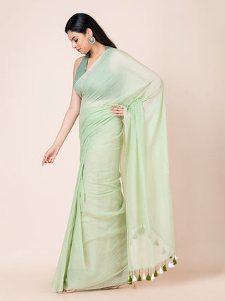 Pure cotton solid saree with tassels l Pistachio Green Ocau