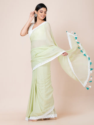 Pure cotton solid  saree with lace border l Pistachio Green Ocau