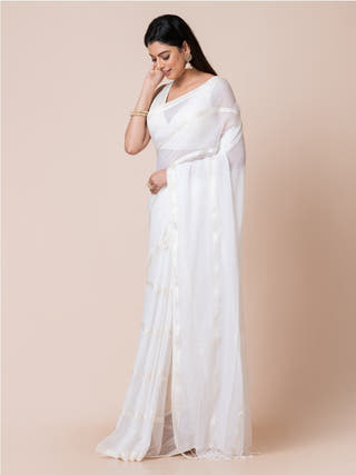 Gleam & Glam | Pure Cotton Saree With Zari Stripes | White Ocau