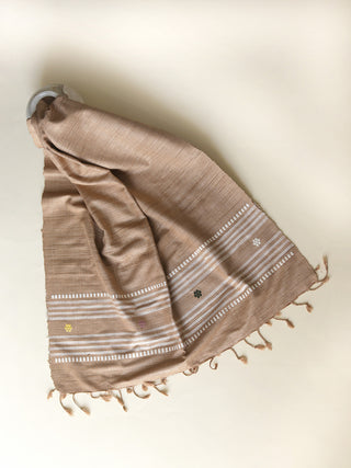 Silk Scarf With Motifs On White Striped Border In Brown Arras