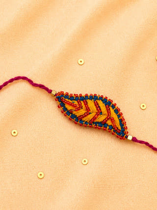 Hand Embroidered Leaf Ornamental Rakhi | Yellow