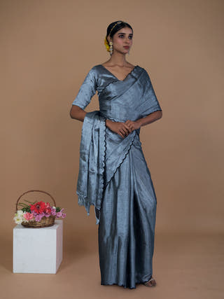 Dhruvi Silver Handwoven Tissue Saree