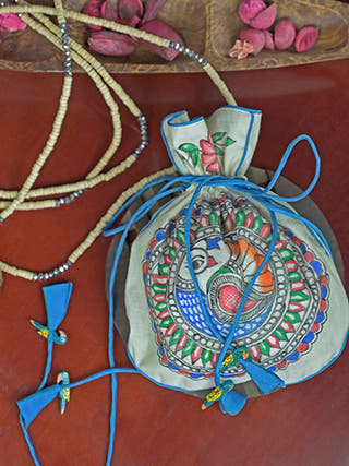 Madhubani Handpainted Silk Potli Peacock
