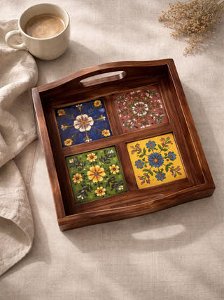 Riwaayat Wooden Blue Pottery 3 Tile Tray