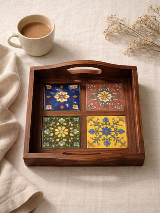 Riwaayat Wooden Blue Pottery 3 Tile Tray