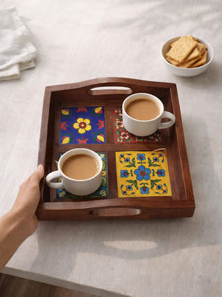 Riwaayat Wooden Blue Pottery 3 Tile Tray