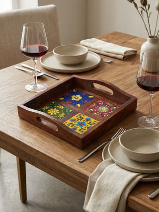Riwaayat Wooden Blue Pottery 3 Tile Tray