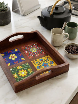 Riwaayat Wooden Blue Pottery 3 Tile Tray