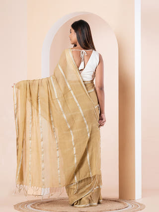 Hazelnut Pure Cotton Saree With Zari Stripes | Yellow Ochre
