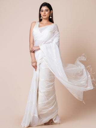 Gleam & Glam | Pure Cotton Saree With Zari Stripes | White Ocau