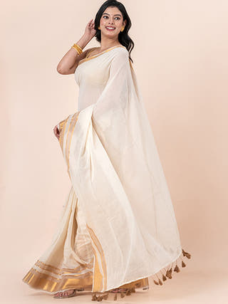 Kanak - Pure Cotton Saree With Zari Border Without Blouse Piece