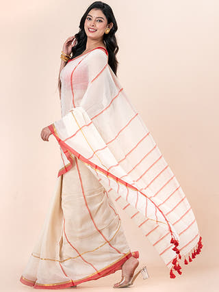 Kumkum - Pure Cotton Saree With Zari Border Without Blouse Piece