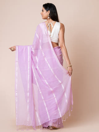 Gleam & Glam | Pure Cotton Saree With Zari Stripes | Light Purple Ocau
