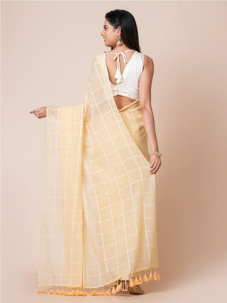 Pure Cotton Checkered Saree | Yellow Ocau