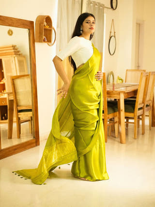 Lime Lustre Pure Silk Saree with Gold Zari Border