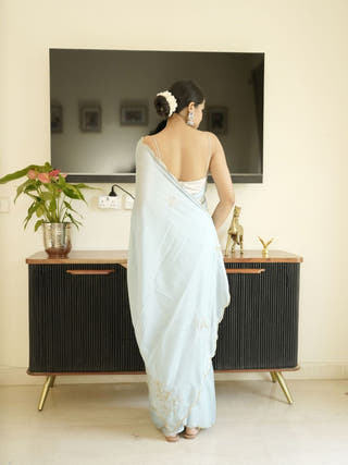 Blue Georgette Saree With Hand Zardoshi Work