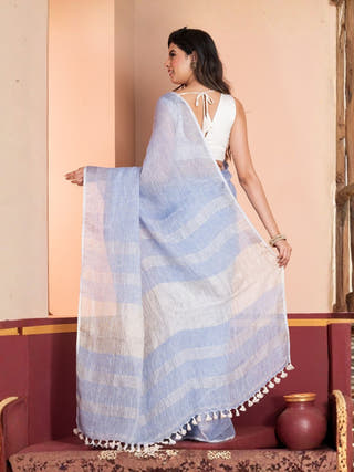 Cloud Wishper Pure Linen Solid Saree With Zari Border | Sky Blue