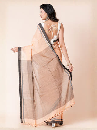 Beige Pop Stripes Pure Cotton Saree With Jacquard Border | Beige & Black