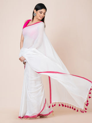 Pure cotton solid saree with contrast border and contrast tassels White Ocau