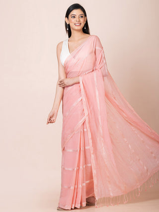 Gleam & Glam Cotton Zari Saree Coral OCAU