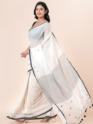 Ivory Bloom - Pure Cotton Saree With Jamdani Motifs Without Blouse Piece