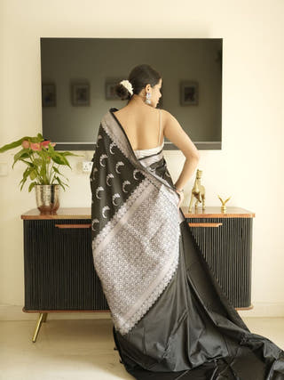 Black Banarasi Silk Saree With Zari Border