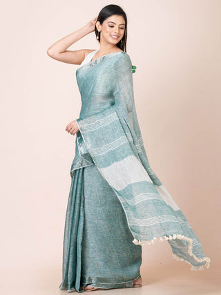 Linen Solid Saree with Zari Teal OCAU