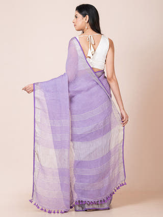 Linen Solid Saree with Zari Purple OCAU