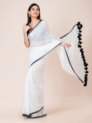 Pure cotton solid saree with contrast border and contrast tassels l White Ocau