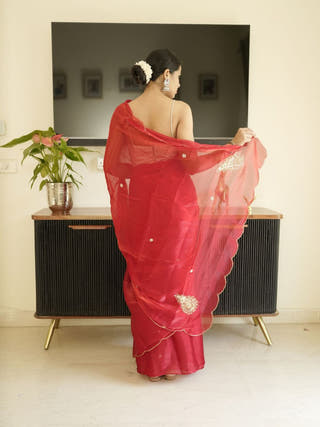 Red Organza Saree With Hand Zardoshi Work