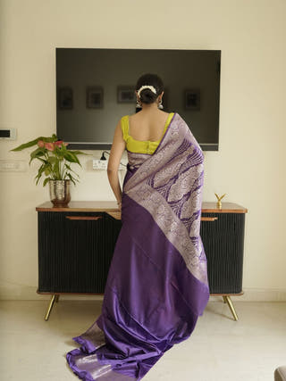 Purple Banarasi Silk Saree With Zari Border