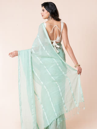 Gleam and Glam Pure Cotton Saree With Zari Stripes Without Blouse Piece II Turquoise