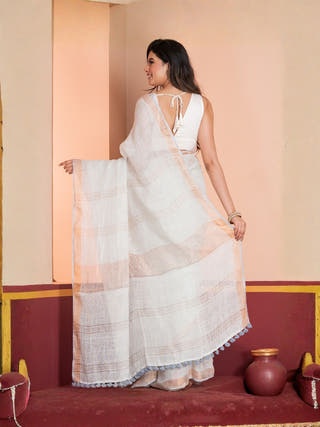 Silver Mist Pure Linen Solid Saree With Zari Border