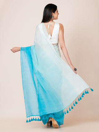 Pure cotton solid shaded saree with tassels l Sky Blue Ocau