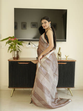Chocolate Brown Tissue Linen Saree