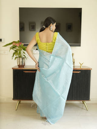 Blue Glass Tissue Silk Saree