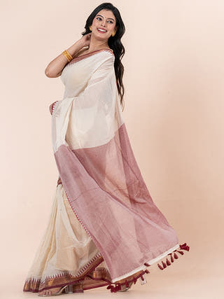 Ruby Glow - Pure Cotton Saree With Kanchi Border Without Blouse Piece