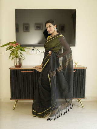 Black Mul Cotton Saree With Zari Stripes