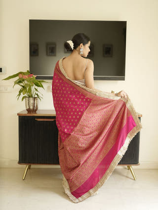 Red-Gold Banarasi Silk Saree With Lace Border