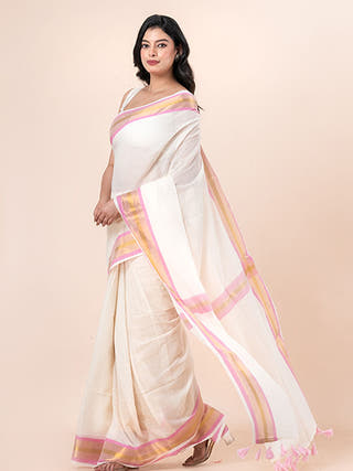 Vanilla Bloom - Pure Cotton Saree With Zari Border Without Blouse Piece