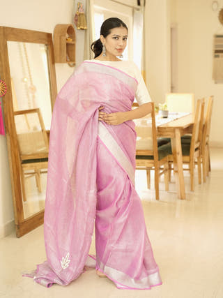 Cosmic Pink Linen Saree with Zardosi Embroidery