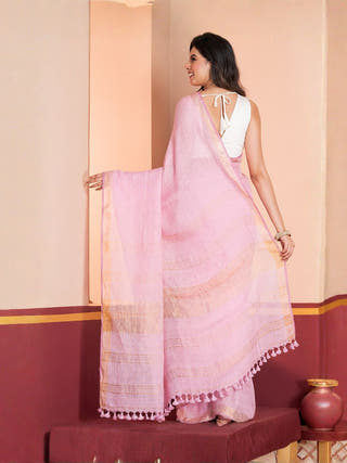 Linen Bloom Pure Linen Solid Saree With Zari Border | Pink
