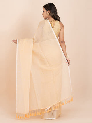 Beige Breeze Pure Cotton Striped Saree With Metallic Zari Ocau 