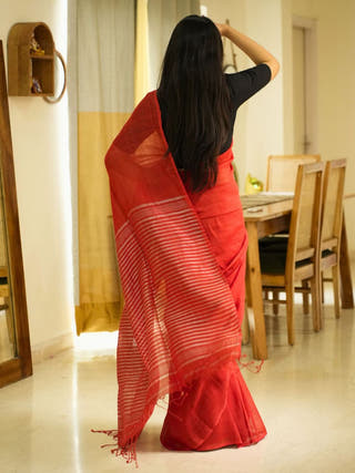 Rustic Bloom Red Linen Saree with Zari Striped Pallu