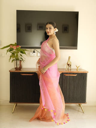 Orange-Pink Ombre Organza Saree