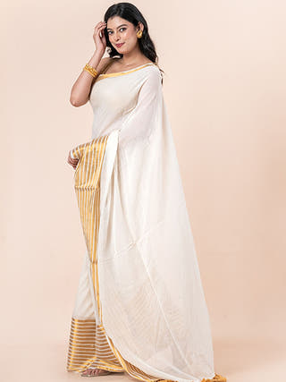Hema - Pure Cotton Saree With Zari Border Without Blouse Piece